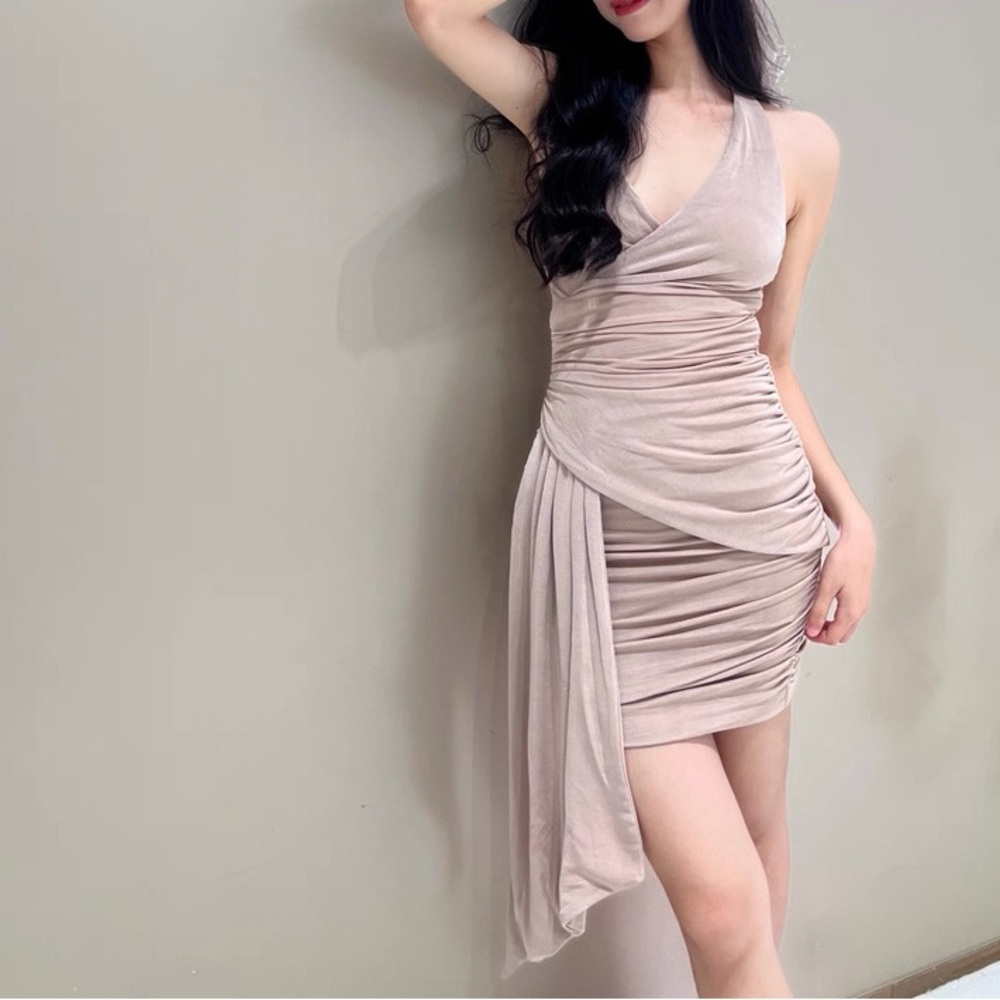 Misha Ruched Halter Draped Mini Dress (Taupe/Nude)